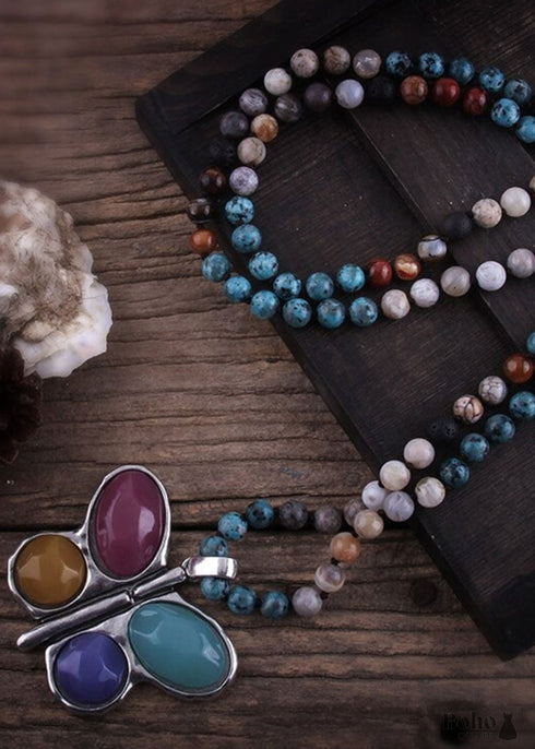 Boho Necklace, RH Crystal Butterfly Blue Natural Stone